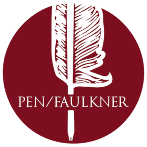 PEN/Faulkner's logo is a dark red circle with a white illustrated feather through the center